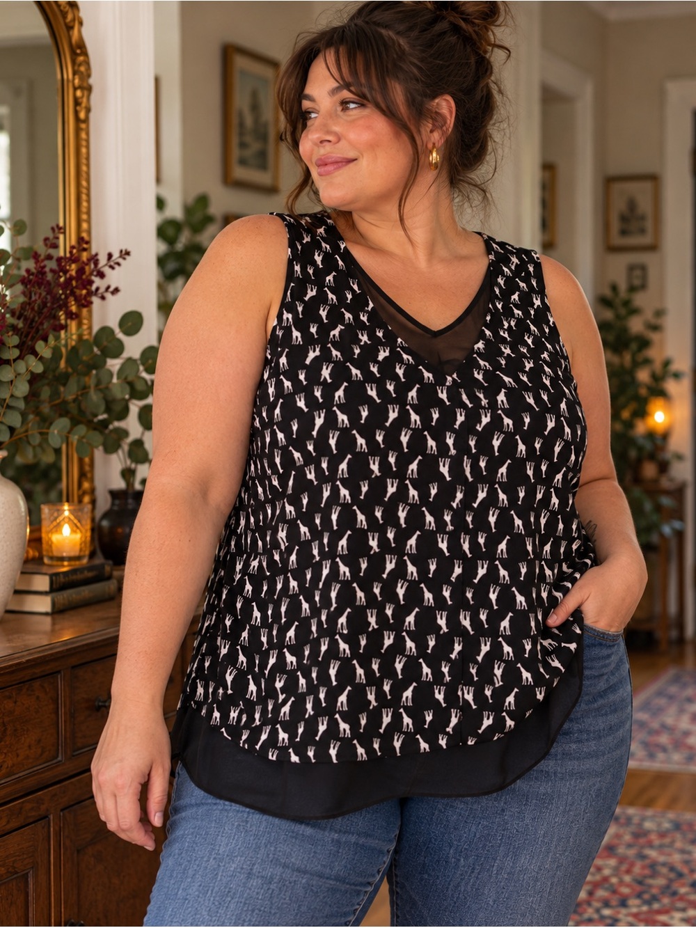 Ricki’s XXL Giraffe Print Sleeveless Chiffon Hem Blouse Black White